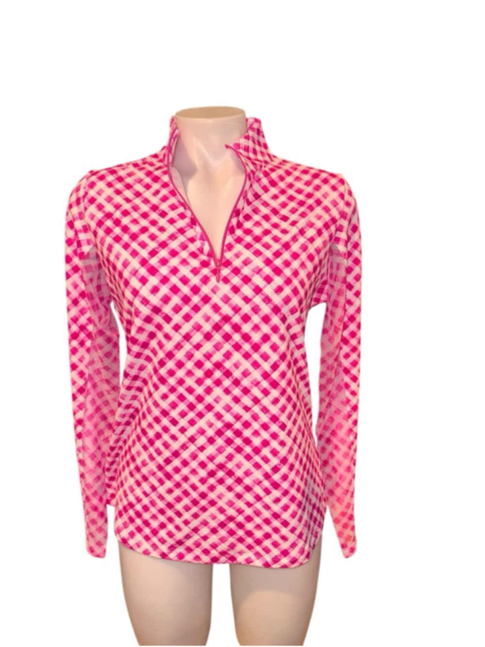 Women's IBKUL Pink & White Gingham Long Sleeve Tee S